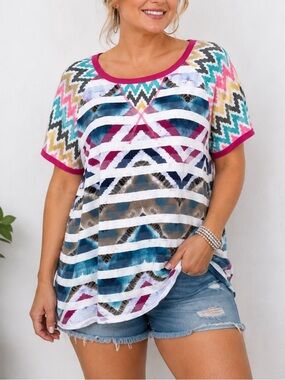 Celeste Colorful women’s short-sleeve top featuring a bold geometric and chevron